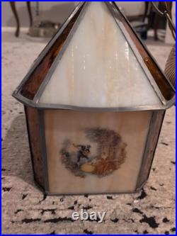 Vintage Stained Glass Hanging Swag Lamp Shade. Four Beautiful Art Scenes