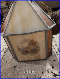 Vintage Stained Glass Hanging Swag Lamp Shade. Four Beautiful Art Scenes