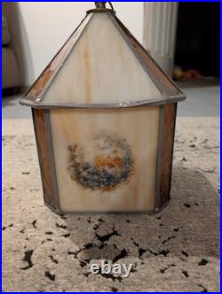 Vintage Stained Glass Hanging Swag Lamp Shade. Four Beautiful Art Scenes