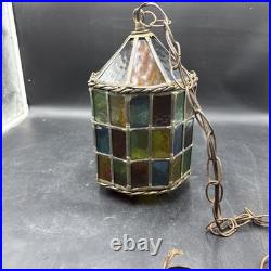 Vintage Stained Glass Light Fixture Denmark Arts and Crafts Style Swag MCM
