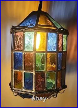 Vintage Stained Glass Pendant Lamp with Multicolor Panels and Twisted Metal Trim