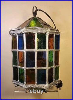 Vintage Stained Glass Pendant Lamp with Multicolor Panels and Twisted Metal Trim