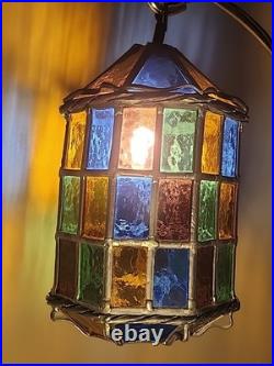 Vintage Stained Glass Pendant Lamp with Multicolor Panels and Twisted Metal Trim