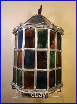 Vintage Stained Glass Pendant Lamp with Multicolor Panels and Twisted Metal Trim