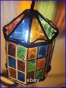 Vintage Stained Glass Pendant Lamp with Multicolor Panels and Twisted Metal Trim