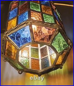 Vintage Stained Glass Pendant Lamp with Multicolor Panels and Twisted Metal Trim