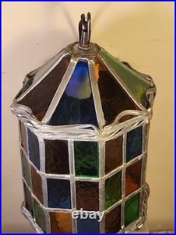 Vintage Stained Glass Pendant Lamp with Multicolor Panels and Twisted Metal Trim