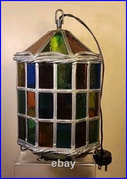 Vintage Stained Glass Pendant Lamp with Multicolor Panels and Twisted Metal Trim
