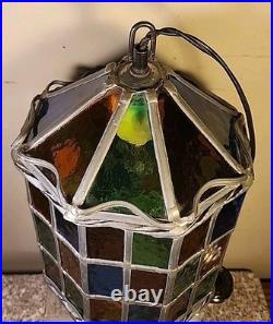 Vintage Stained Glass Pendant Lamp with Multicolor Panels and Twisted Metal Trim