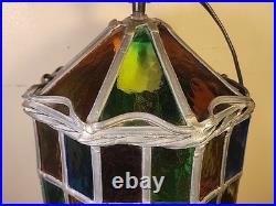 Vintage Stained Glass Pendant Lamp with Multicolor Panels and Twisted Metal Trim