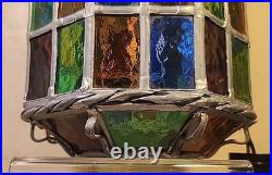 Vintage Stained Glass Pendant Lamp with Multicolor Panels and Twisted Metal Trim