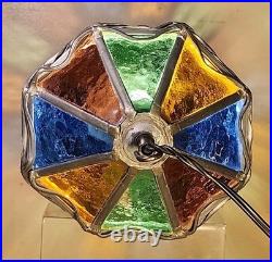 Vintage Stained Glass Pendant Lamp with Multicolor Panels and Twisted Metal Trim