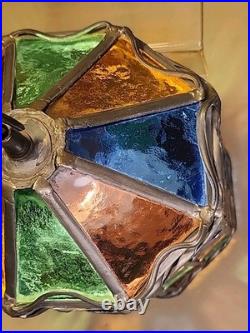 Vintage Stained Glass Pendant Lamp with Multicolor Panels and Twisted Metal Trim