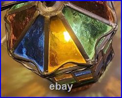 Vintage Stained Glass Pendant Lamp with Multicolor Panels and Twisted Metal Trim