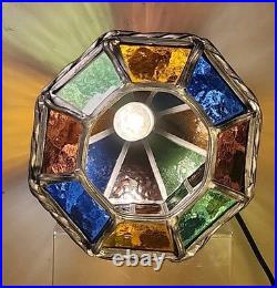 Vintage Stained Glass Pendant Lamp with Multicolor Panels and Twisted Metal Trim