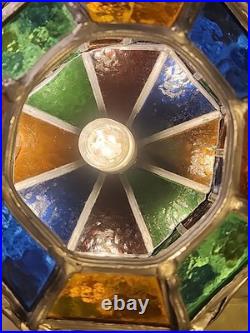 Vintage Stained Glass Pendant Lamp with Multicolor Panels and Twisted Metal Trim