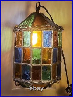 Vintage Stained Glass Pendant Lamp with Multicolor Panels and Twisted Metal Trim