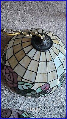 Vintage Stained Glass Tiffany Style Hanging Swag Lamps MCM Floral Set Pink Rare