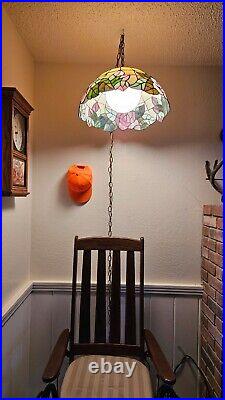 Vintage Stained Glass Tiffany Style Hanging Swag Lamps MCM Floral Set Pink Rare