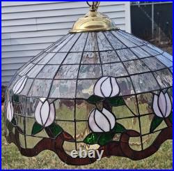 Vintage Stained Glass White Floral Hanging Large Lamp