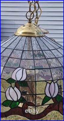 Vintage Stained Glass White Floral Hanging Large Lamp