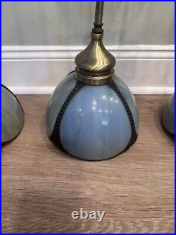 Vintage Stained Slag Glass Light Blue Tulip Hanging Light Fixture Pendants Set3