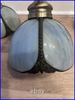 Vintage Stained Slag Glass Light Blue Tulip Hanging Light Fixture Pendants Set3