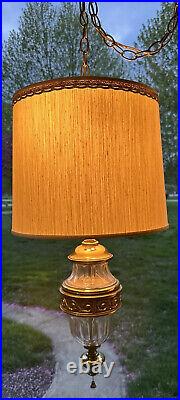 Vintage Stiffel Hollywood Regency Brass & Glass Swag Lamp Hanging Chandelier