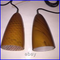 Vintage Style Amber Glass Pair of Pendant Lights MCM Orange Swirl Pendant Lights