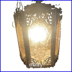 Vintage Style Black Metal & Amber Glass Hanging Swag Lamp, 1-Light White