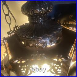 Vintage Style Black Metal & Amber Glass Hanging Swag Lamp, 1-Light White