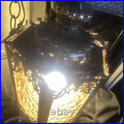 Vintage Style Black Metal & Amber Glass Hanging Swag Lamp, 1-Light White