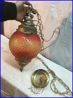 Vintage Swag Amber Glass Hanging Light & Chain Mid-Century Modern Lamp Pendant