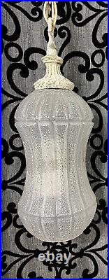 Vintage Swag Chain Hanging Lamp Light Oblong White Clear Crinkle Glass Hourglass