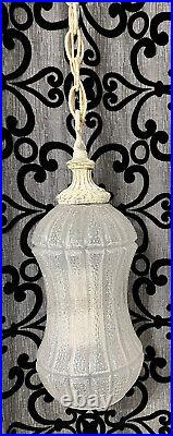Vintage Swag Chain Hanging Lamp Light Oblong White Clear Crinkle Glass Hourglass