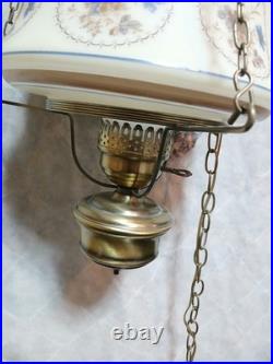 Vintage Swag Chandelier Lamp 70s Quoizel Blue Floral Hanging Light