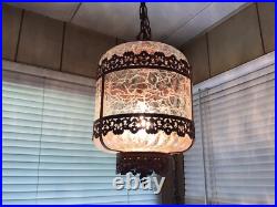 Vintage Swag Clear Ripple Glass Pendant Hanging Lamp Copper Floral Filigree Rare