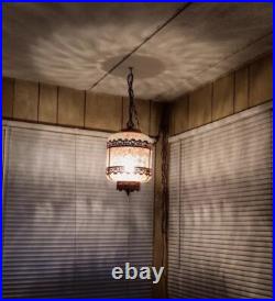 Vintage Swag Clear Ripple Glass Pendant Hanging Lamp Copper Floral Filigree Rare