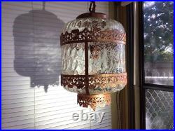 Vintage Swag Clear Ripple Glass Pendant Hanging Lamp Copper Floral Filigree Rare
