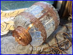 Vintage Swag Clear Ripple Glass Pendant Hanging Lamp Copper Floral Filigree Rare