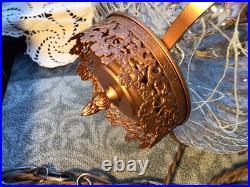 Vintage Swag Clear Ripple Glass Pendant Hanging Lamp Copper Floral Filigree Rare