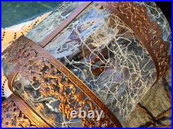 Vintage Swag Clear Ripple Glass Pendant Hanging Lamp Copper Floral Filigree Rare