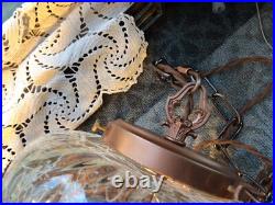 Vintage Swag Clear Ripple Glass Pendant Hanging Lamp Copper Floral Filigree Rare