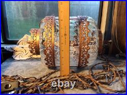 Vintage Swag Clear Ripple Glass Pendant Hanging Lamp Copper Floral Filigree Rare