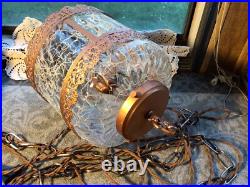 Vintage Swag Clear Ripple Glass Pendant Hanging Lamp Copper Floral Filigree Rare
