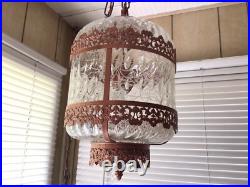 Vintage Swag Clear Ripple Glass Pendant Hanging Lamp Copper Floral Filigree Rare