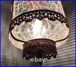 Vintage Swag Clear Ripple Glass Pendant Hanging Lamp Copper Floral Filigree Rare