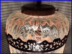 Vintage Swag Clear Ripple Glass Pendant Hanging Lamp Copper Floral Filigree Rare