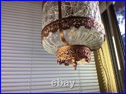 Vintage Swag Clear Ripple Glass Pendant Hanging Lamp Copper Floral Filigree Rare