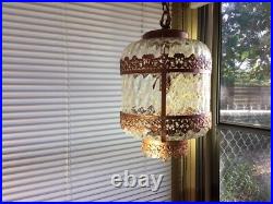 Vintage Swag Clear Ripple Glass Pendant Hanging Lamp Copper Floral Filigree Rare
